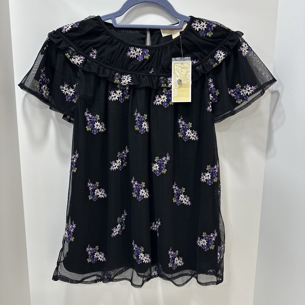Michael Kors Black Purple Floral Embroidered Sheer Ruffle Sleeve Blouse Small